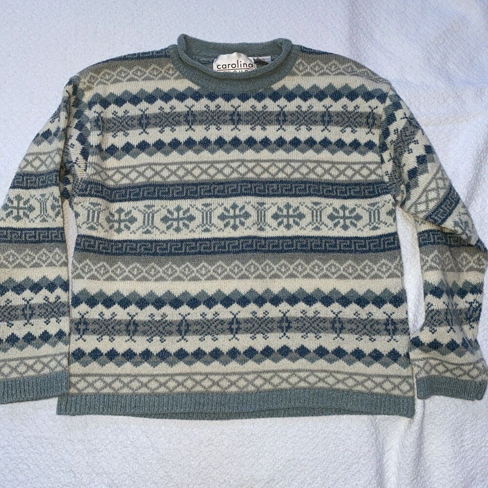 VTG Carolina Colours Fair Isle Sweater Womens M Blue Gray Knit Grandpacore 90s